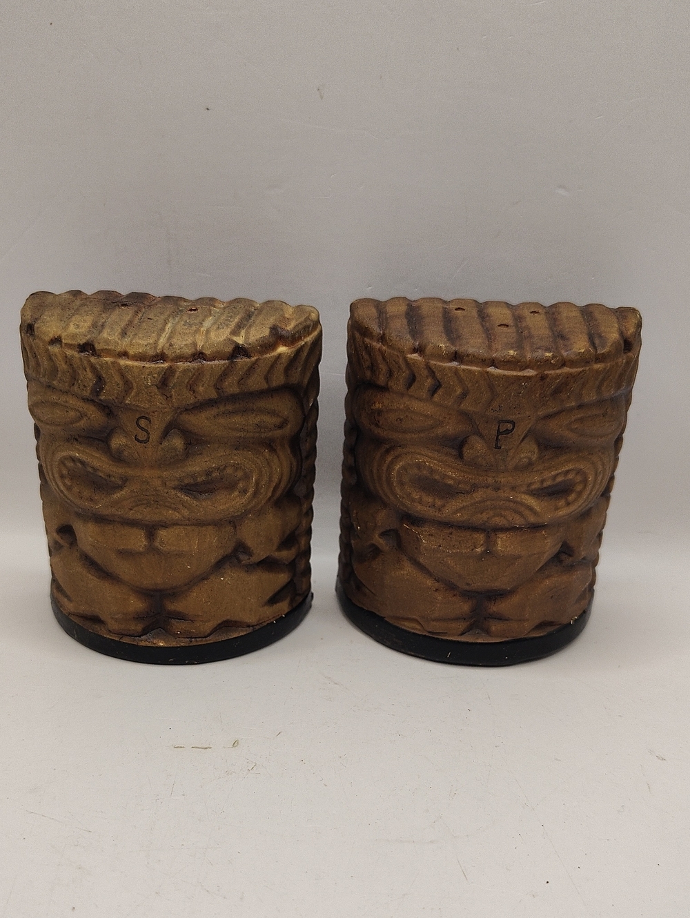Vintage Hand Painted Ceramic Salt and Pepper Tiki Themed Shakers, Japan
